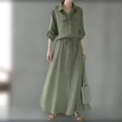 HUG.U シャツワンピース 着痩せワンピース ミント M ロングワンピース