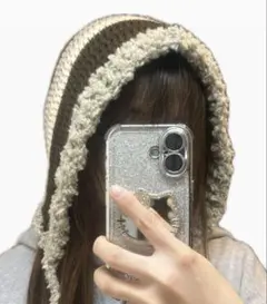 ハンドメイド もこもこフード帽 バラクラバ