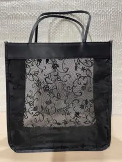 m279 透け感さわやか花柄刺繍トートバッグ　ブラック