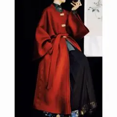 歲歲平安 刺繍方襟對襟祆 ウールコート 赤金色ロングコート　明製漢服　新年　着物