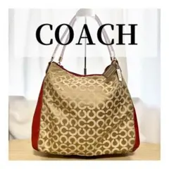 COACH シグネチャー×レザー トートバッグ 赤×ベージュ 大容量 コーチ