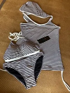 セパレート水着 ストライプ 柄 フード付きタンクトップ3点セット