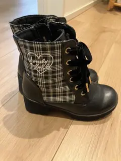 ブラック レースアップブーツ チェック柄　19cm