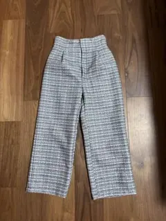 グレー系チェック ハイウエストワイドパンツ