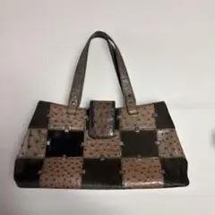 オーストリッチ風 ハンドバッグ パッチワーク ブラウン
