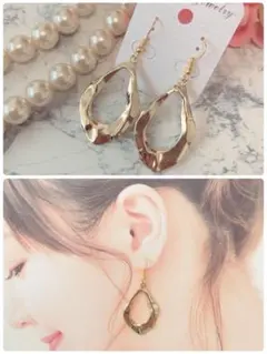 ハンドメイドピアス❤️大ぶりメタルゴールド変形リングピアス❤️しずく　リング　大ぶり