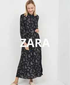 ZARA ロングワンピース マキシ丈 ペイズリー柄 シャツ 総柄 XS 黒