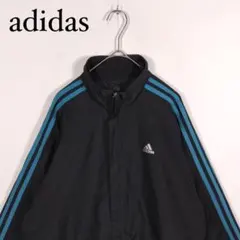 adidas ナイロンジャケット 黒/青 サイドストライプ　L