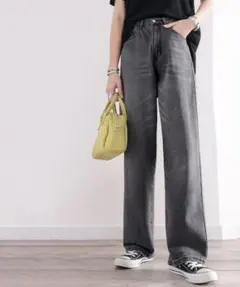 ゆったりハイウエストワイドストレート無地デニム＆チノパンツ　ブラック