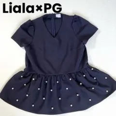 Liala×PG ブラウス イレヘム ペプラム 裾パール ネイビー Sのサムネイル