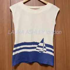 LAURA ASHLEY ノースリーブボートプリントTシャツM アイボリーブルー