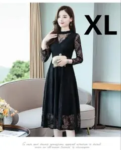 【XL】パーティ　ドレス　結婚式　ワンピース　黒　ブラック　レース　膝丈