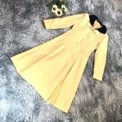 FASHION ROOM【M相当】イエロー×ネイビー襟 長袖 ワンピース 前開き