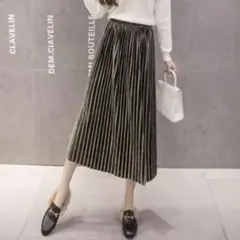 ベロア プリーツスカート ロング丈 ミモレ丈 スカート 秋冬 レディース 韓国