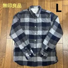無印良品／ネイビーとグレーのチェック柄ネルシャツ Lサイズ