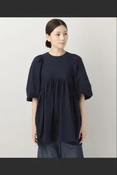 IENA フリルティアードブラウス ネイビーフリルチュニック 七分袖