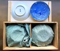 未使用品 - 愛陶製 青色花柄陶器皿 木箱付き 十客セット