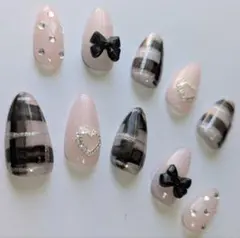 ピンクベージュ×リボン♡チェック×ハート 量産系 韓国 ネイルチップ