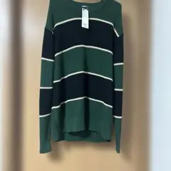 新品未使用タグ付きGU ボーダークルーネックニット L ダークグリーン値下げ最終