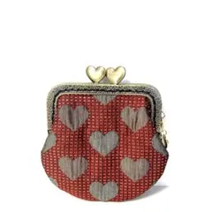 ダークレッド/グレーハート柄のがま口(ハートげんこ/チャーム付)