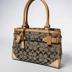 COACH シグネチャー ハンドバッグ レザー キャンバス タッセル ベージュ