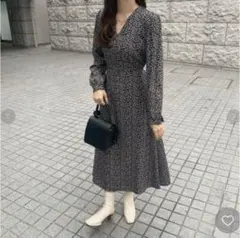 RiLi 小花柄カシュクール風ワンピ(ブラック)