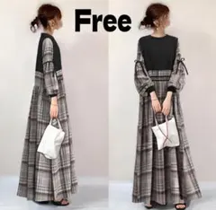 チェック切替ロングワンピース 黒 配色 ドッキング ゆったり
