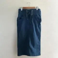 【お値下げ】デニムタイトスカート　膝下　スリット　リボン　レースアップ　M
