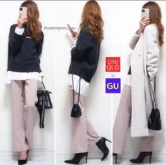 GU ピンクベージュ カットソーカラーフレアパンツ ゴムウエスト