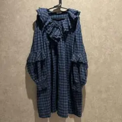 niko and... チェックラッフルチュニック ワンピースネイビーブルー