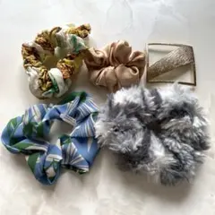 シュシュ4点セット（花柄・ファー）ゴールド髪留めセット