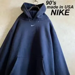 希少 90's USA製 ナイキ センター刺繍ロゴパーカー ネイビー XL