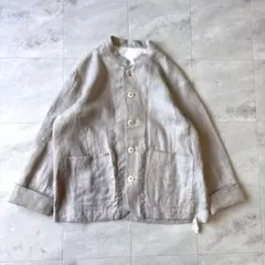 美品☆La Favola☆リネン × レザー ノーカラー パイピングジャケット 美品☆La Favola☆リネン × レザー ノーカラー パイピングジャケット