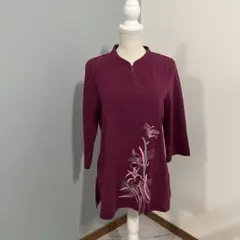 太極拳シャツ、花柄プリント五分袖シャツ パープル