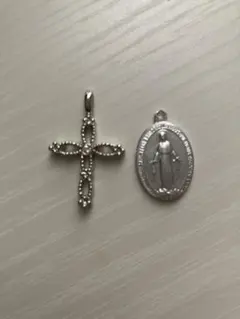 シルバー十字架とマリア様のチャームセット ネックレス ブレスレット キーホルダー