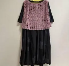 再販無しハンドメイド Aライン透かし編みベスト ピンク系