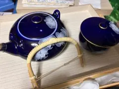 香蘭社 濃紺花柄急須セット 木箱入り