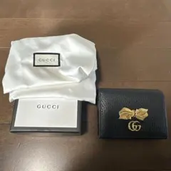 GUCCI 二つ折り財布　GGマーモント　リボン　ゴールド金具　ブラック