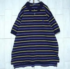 人気 ラルフローレン 半袖 ポロシャツ 2XL ネイビー ボーダー 刺繍 古着