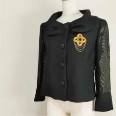 日本製ラルクアンシェルリネンブレンド切替メッシュカーディガンミセス黒ブラック38