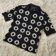 【ZARA】ザラ 花柄 クロシェ編み ニット シャツ カーディガン 半袖 黒 Sのサムネイル