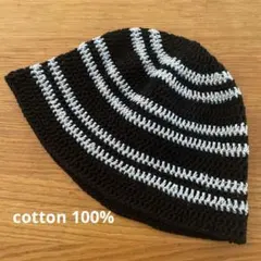 クロシェハット　クラッシャーハット　ビーニー　ハンドメイド　ブラック青　男女兼用