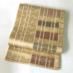 【洒落袋帯】くすみ黄色　花柄　色とりどりな格子　桜柄 爽やか　洗練された