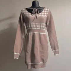 ギンガムチェック柄配色ラインニットミニワンピース [rul353]