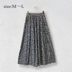 ギャザースカート　フレア　ロング　イージー　総柄　ブラック　ウエストゴム　派手柄