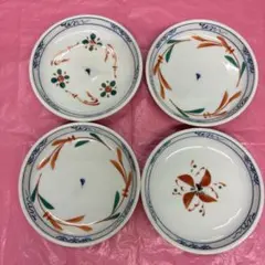 昭和レトロ 銘々皿 変わり絵4枚セット 和食器 花柄　三峰　未使用
