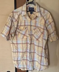 チェック デザイン ショートスリーブ ウエスタンシャツ イエロー Lサイズ
