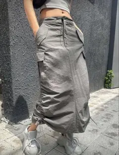 グレー カーゴスカート ナイロン　サイズ調節ゴム付き