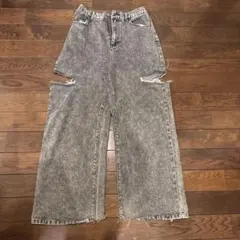 ダメージ加工 グレー ワイドレッグデニムパンツ