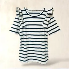 ZARA ザラ　半袖ニット　M　ボーダー柄　肩フリル　カジュアル　黒×ベージュ